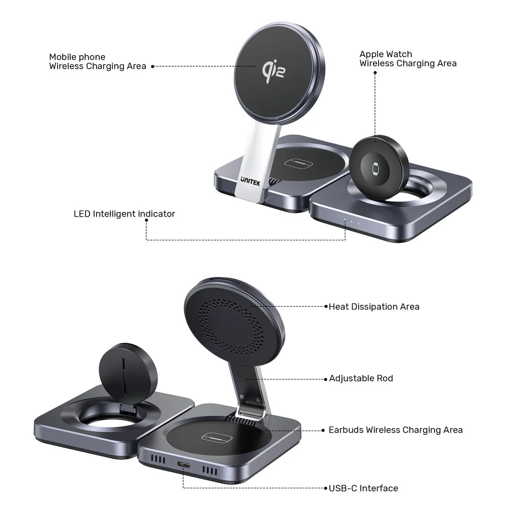 Unitek Qi2 Foldable 3-in-1 Wireless Charging Station – 15W MagSafe for iPhone - 5W for AirPods - 2.5W for Apple Watch - Compact Travel Stand - Model P1300AGY01
