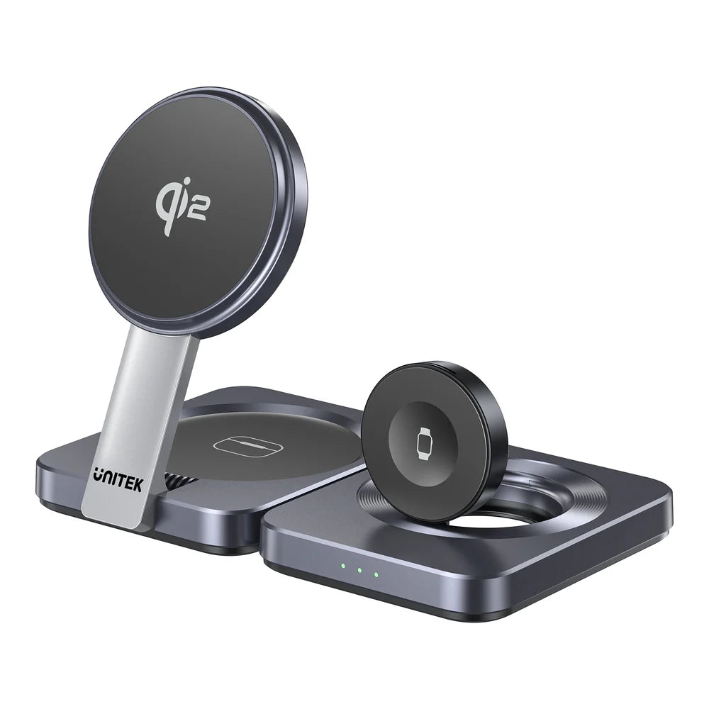 Unitek Qi2 Foldable 3-in-1 Wireless Charging Station – 15W MagSafe for iPhone - 5W for AirPods - 2.5W for Apple Watch - Compact Travel Stand - Model P1300AGY01