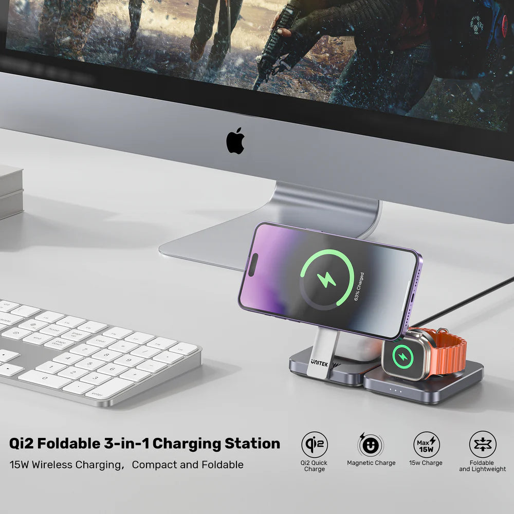 Unitek Qi2 Foldable 3-in-1 Wireless Charging Station – 15W MagSafe for iPhone - 5W for AirPods - 2.5W for Apple Watch - Compact Travel Stand - Model P1300AGY01