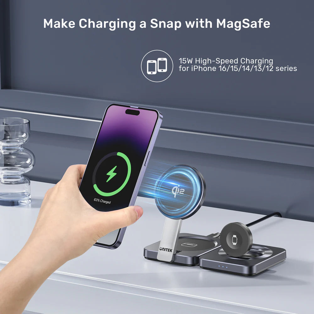 Unitek Qi2 Foldable 3-in-1 Wireless Charging Station – 15W MagSafe for iPhone - 5W for AirPods - 2.5W for Apple Watch - Compact Travel Stand - Model P1300AGY01