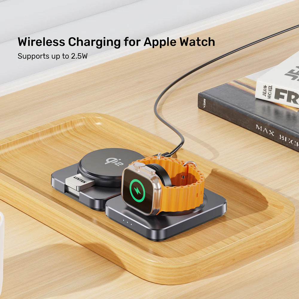 Unitek Qi2 Foldable 3-in-1 Wireless Charging Station – 15W MagSafe for iPhone - 5W for AirPods - 2.5W for Apple Watch - Compact Travel Stand - Model P1300AGY01