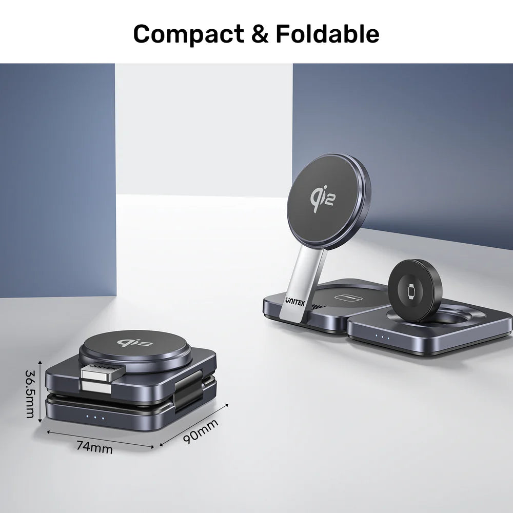 Unitek Qi2 Foldable 3-in-1 Wireless Charging Station – 15W MagSafe for iPhone - 5W for AirPods - 2.5W for Apple Watch - Compact Travel Stand - Model P1300AGY01