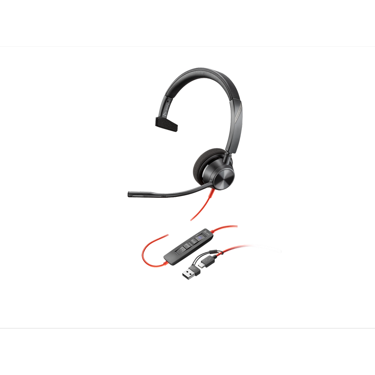 Poly Blackwire 3310 Mono USB-C Headset, Microsoft Teams Certified, Noise-Canceling Mic, Inline Controls, with USB-C/A Adapter