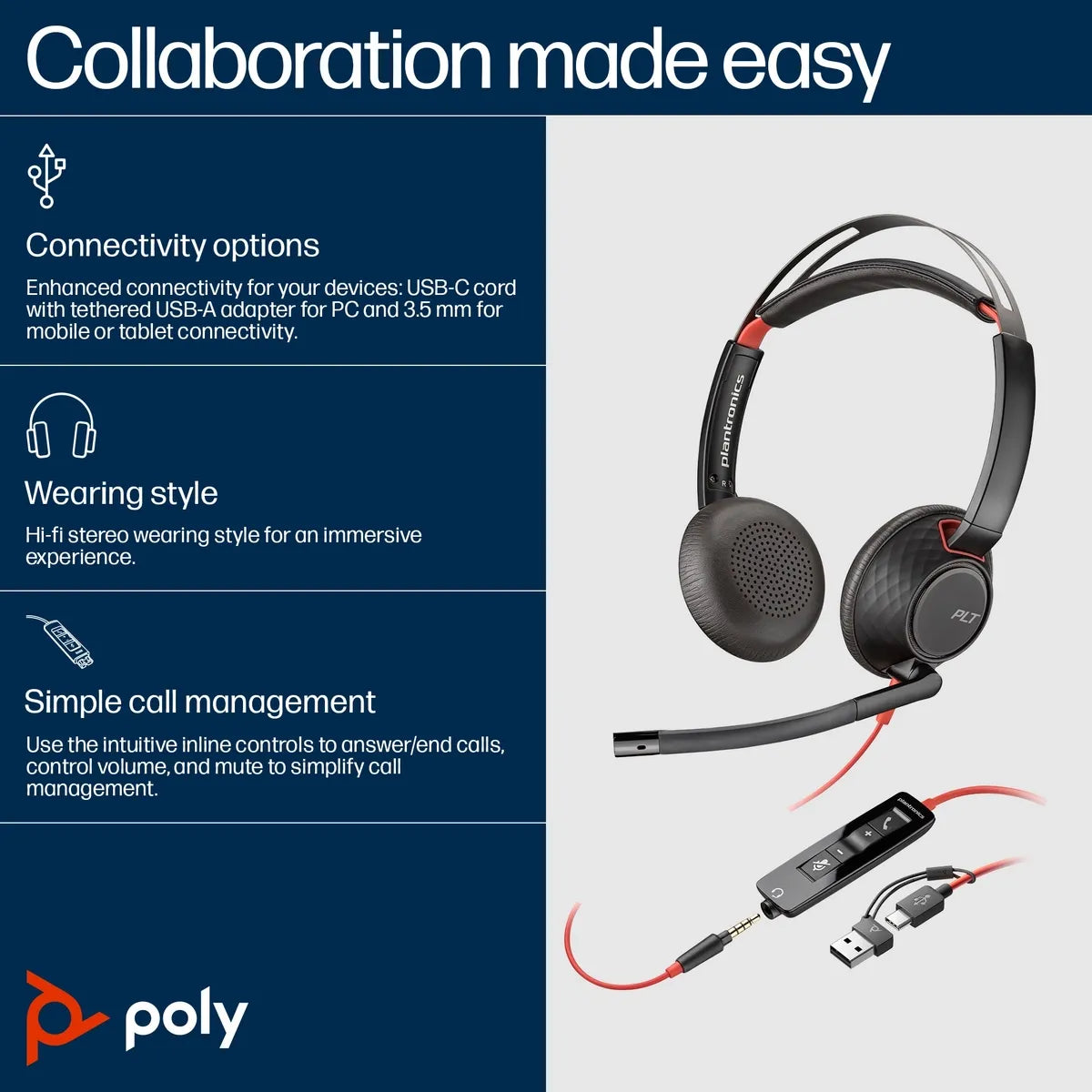 Poly Blackwire 5200 Series USB Wired Headset – Stereo or Mono, USB‑C/A + 3.5mm, Noise‑Cancelling Mic, Dynamic EQ, UC Certified