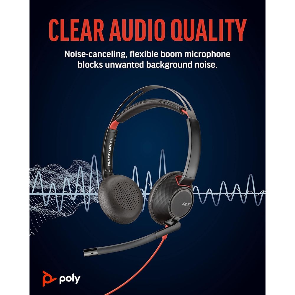 Poly - Blackwire 5220 USB A+USB C+3.5MM Headset - Wired, Dual Ear (Stereo) Computer Headset with Boom Mic