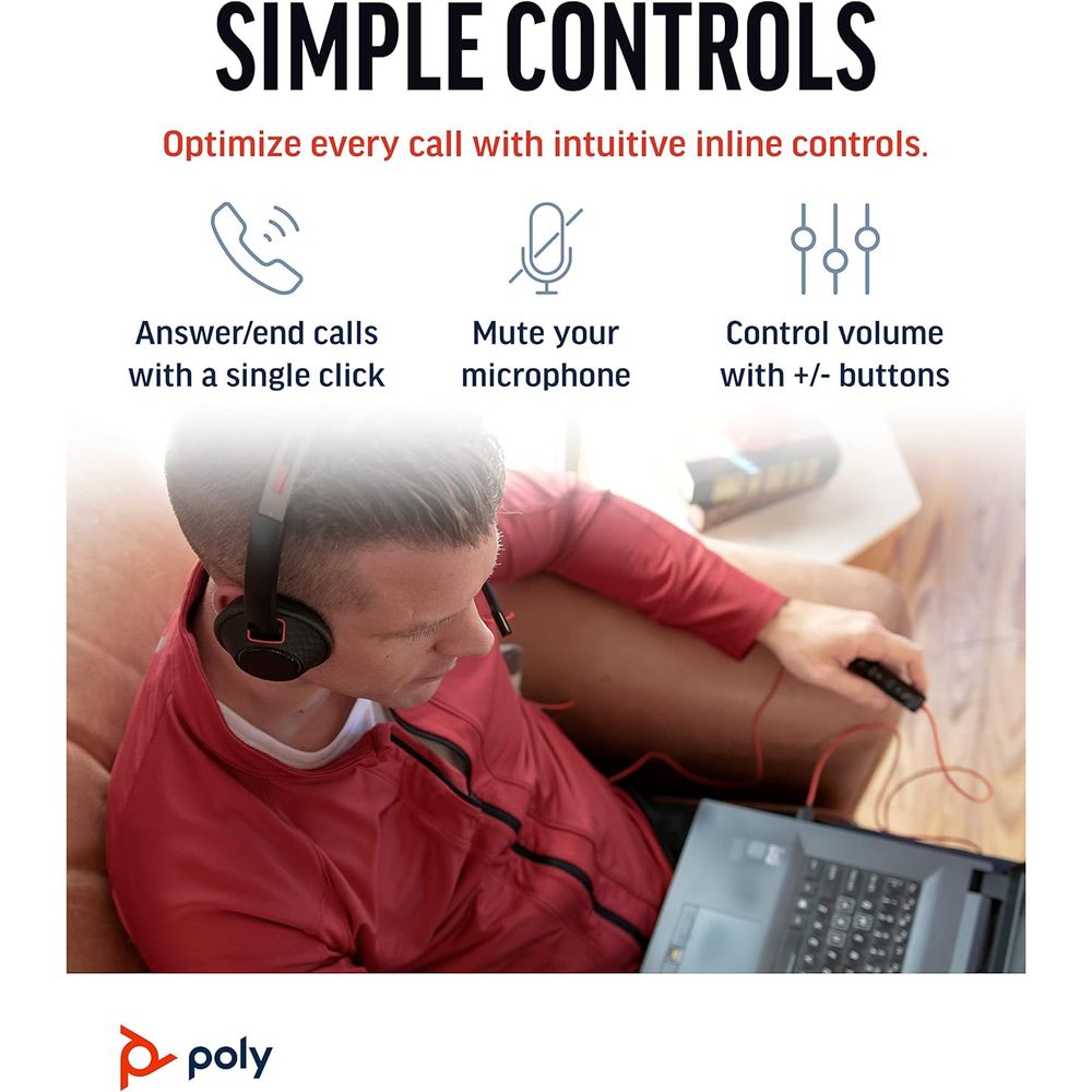 Poly - Blackwire 5220 USB A+USB C+3.5MM Headset - Wired, Dual Ear (Stereo) Computer Headset with Boom Mic