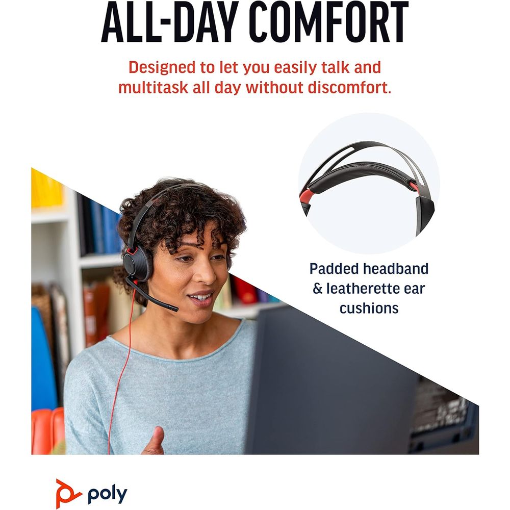 Poly - Blackwire 5220 USB A+USB C+3.5MM Headset - Wired, Dual Ear (Stereo) Computer Headset with Boom Mic