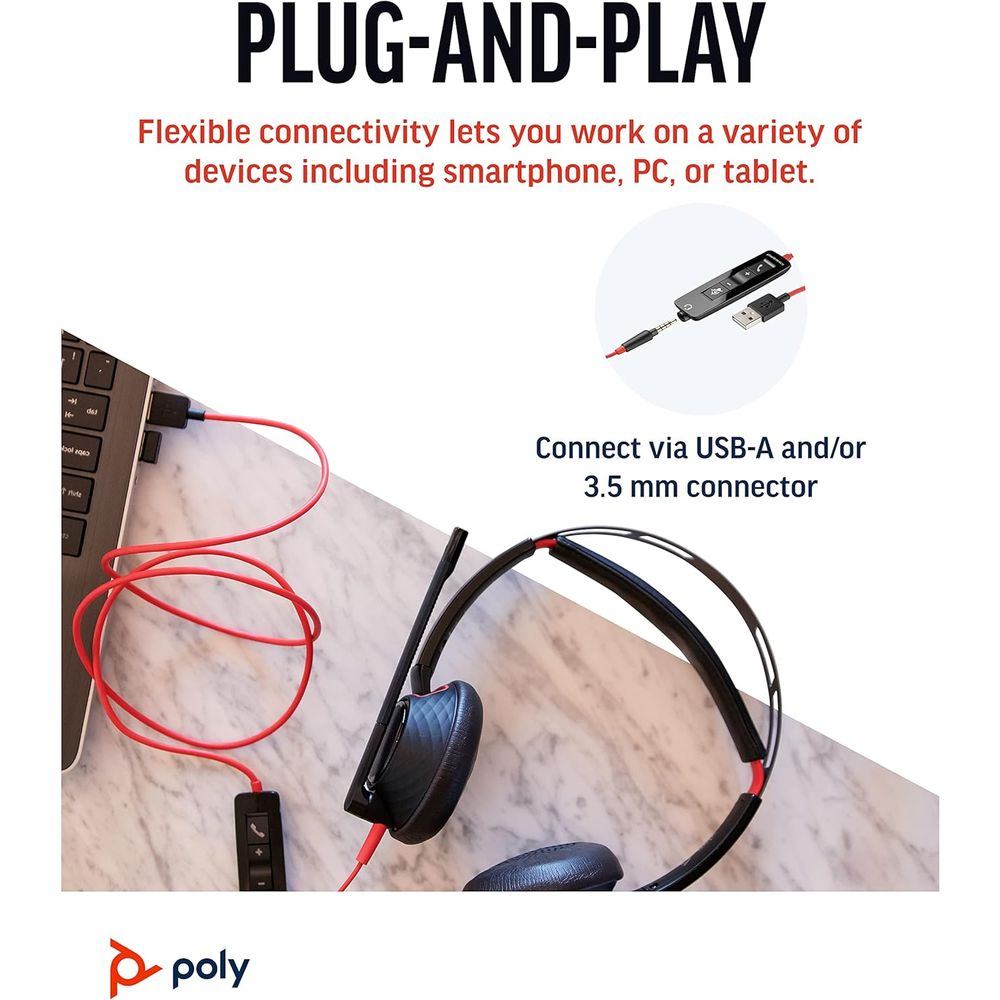 Poly - Blackwire 5220 USB A+USB C+3.5MM Headset - Wired, Dual Ear (Stereo) Computer Headset with Boom Mic
