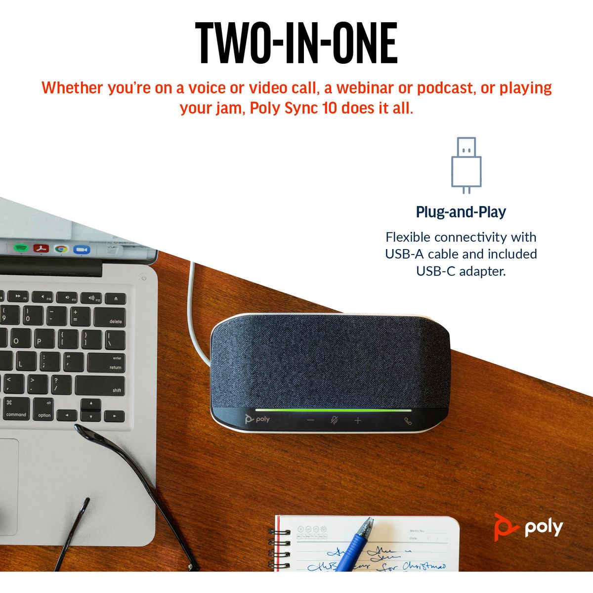 Poly Sync 10 USB Speakerphone, Full-Duplex Speaker & Noise-Reducing Mics, USB-A/USB-C Connectivity, Desk Conference for PC/Mac