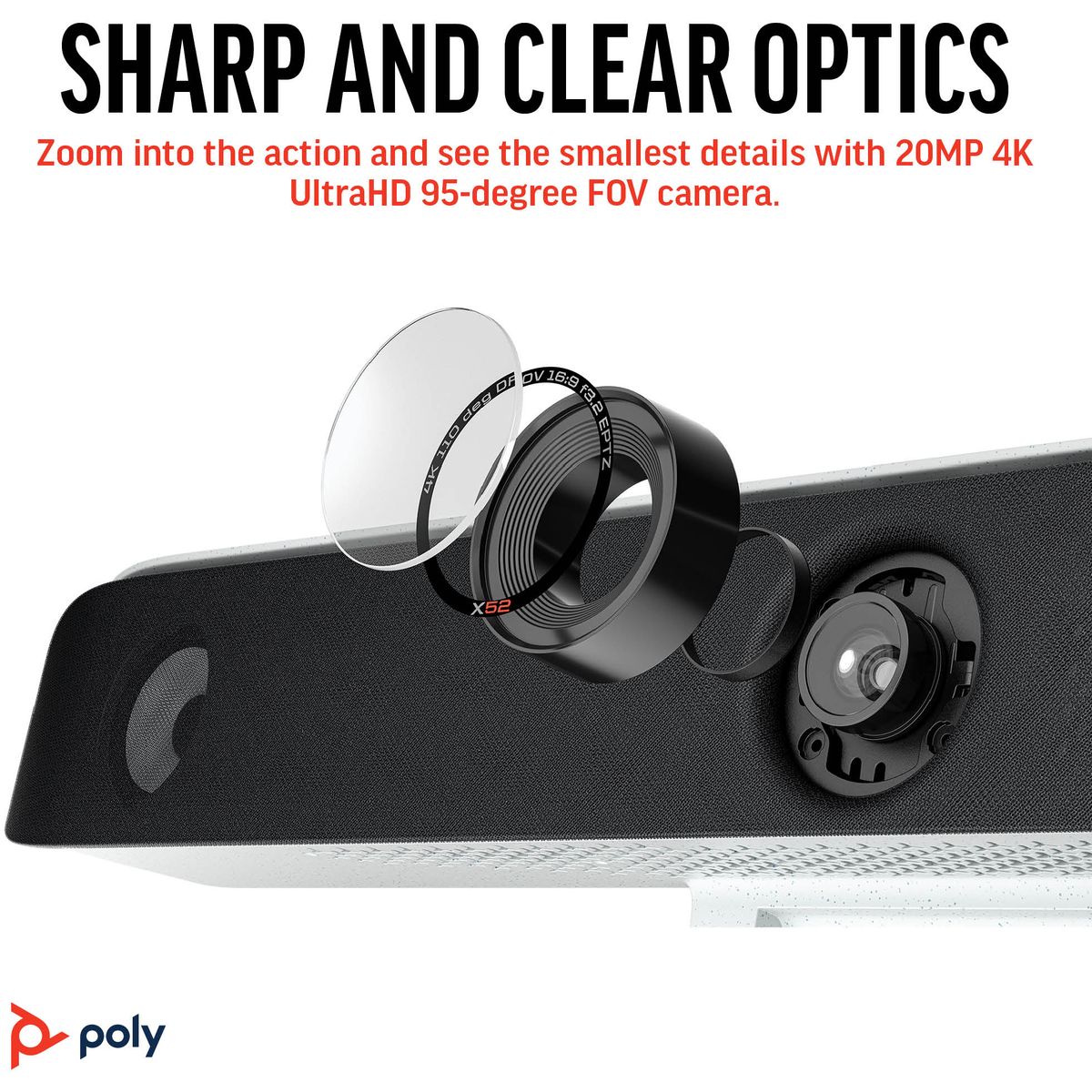 Poly Studio X52 All-in-One Video Bar with TC10 Touch Controller, 20MP 4K, 95° HFOV, Dual HDMI Out, Wi-Fi 6/BT, 20' Mic Range