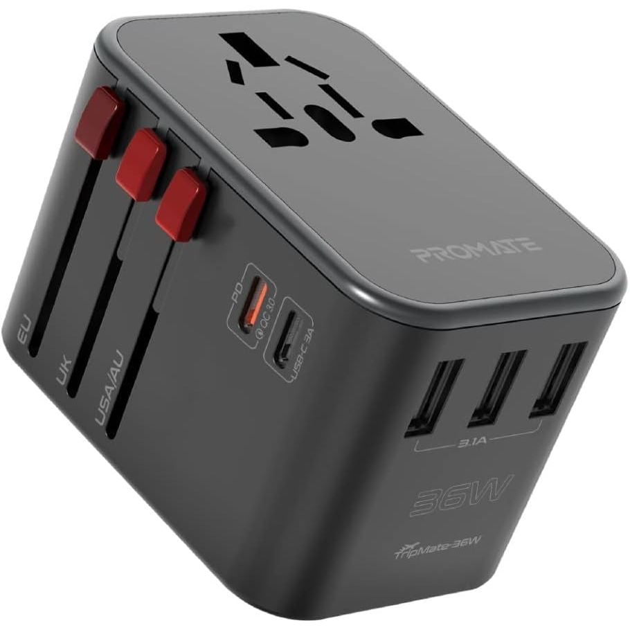 Promate TripMate-36W Universal Travel Adapter – 20W USB-C PD, QC 3.0 Fast Charging, 3 USB Ports, Global Plug Support, 8A Surge Protection