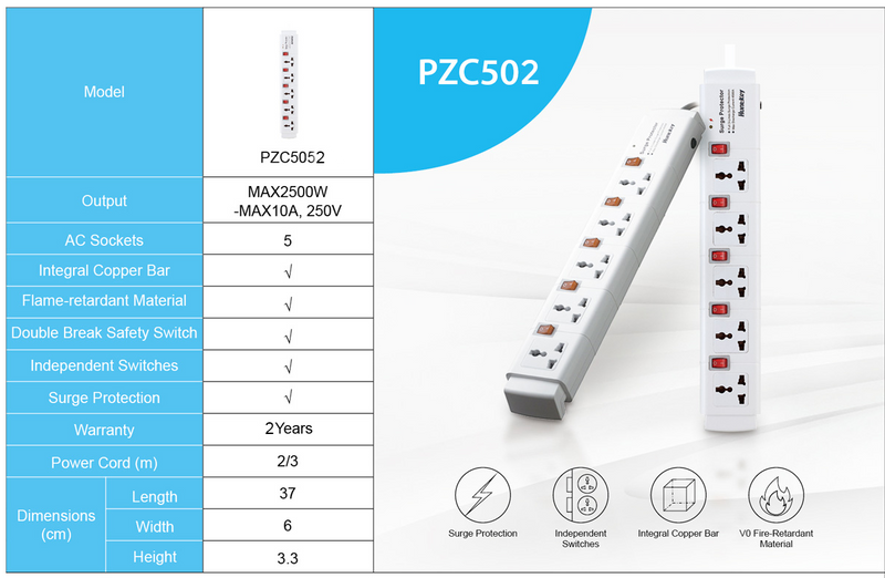 Huntkey PZC502 Power Strips, Universal Standard (3m)