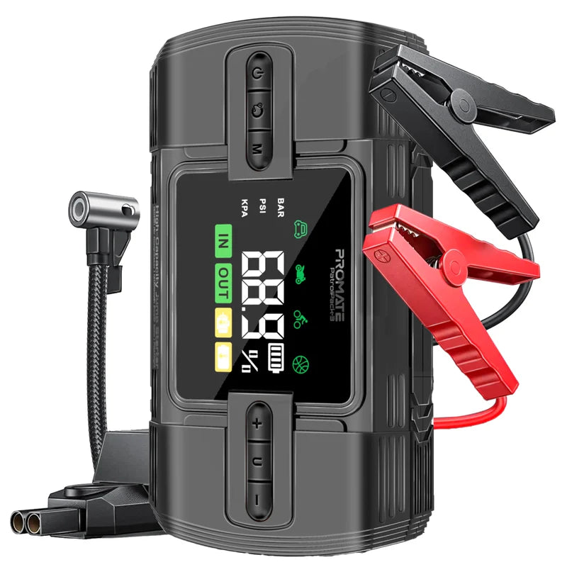 Promate PatrolPack-3 1200A/12V Jump Starter & 150PSI Air Compressor - 12000mAh Power Bank, QC 3.0, DC Output, LED Flashlight, TPMS