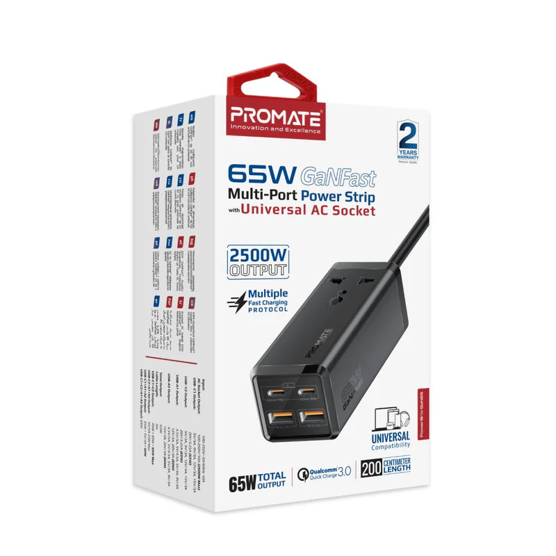 Promate 65W GaNFast™ Multi-Port Power Strip with Universal AC Socket
