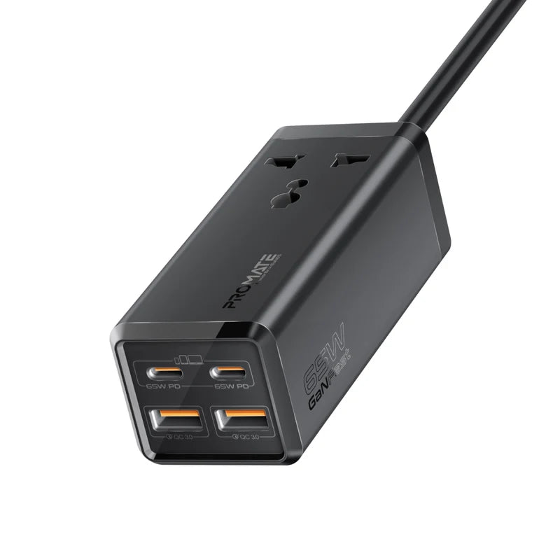 Promate 65W GaNFast™ Multi-Port Power Strip with Universal AC Socket