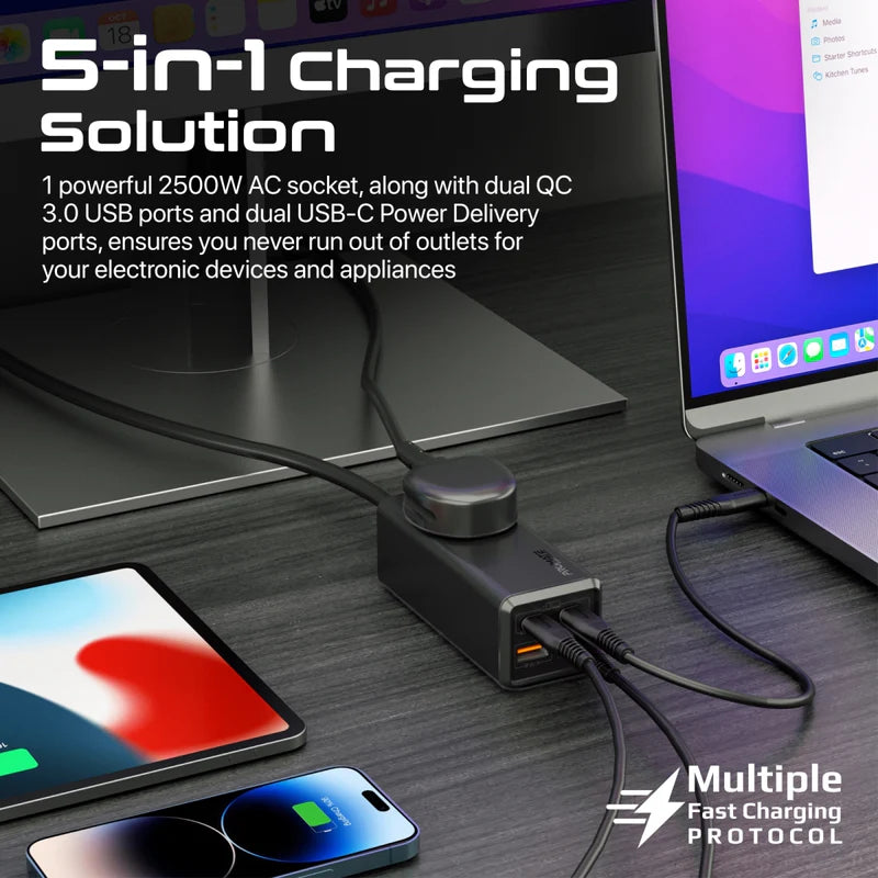 Promate 65W GaNFast™ Multi-Port Power Strip with Universal AC Socket