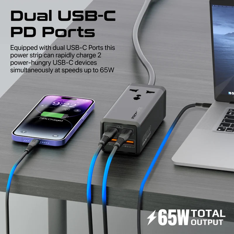 Promate 65W GaNFast™ Multi-Port Power Strip with Universal AC Socket