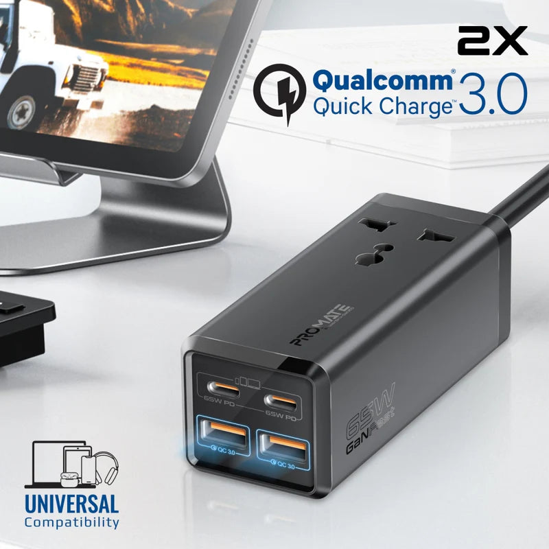 Promate 65W GaNFast™ Multi-Port Power Strip with Universal AC Socket