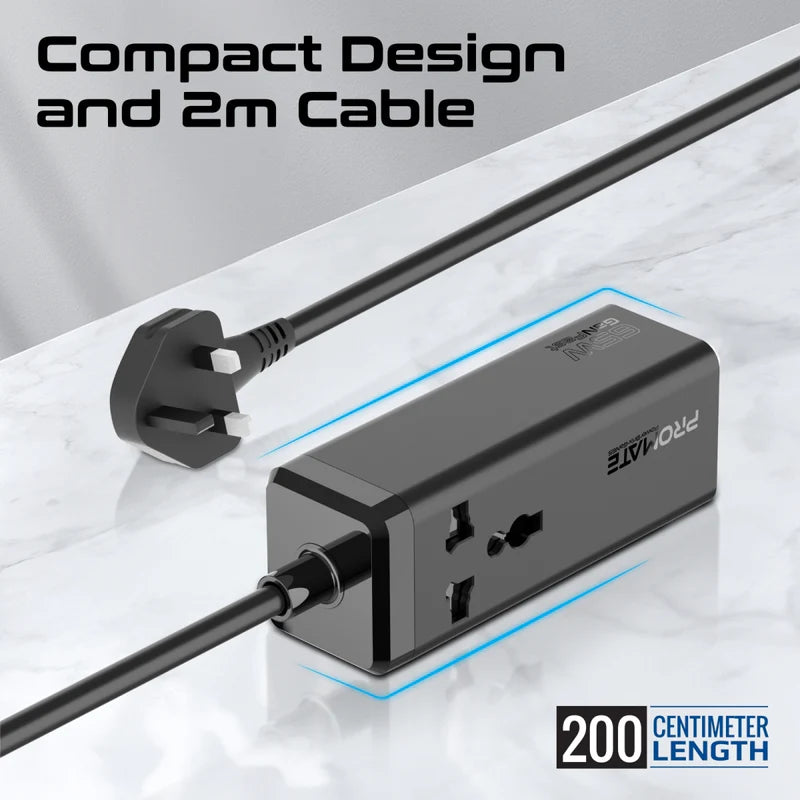 Promate 65W GaNFast™ Multi-Port Power Strip with Universal AC Socket