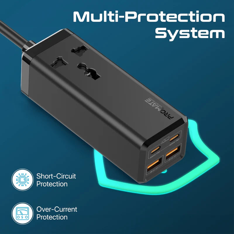 Promate 65W GaNFast™ Multi-Port Power Strip with Universal AC Socket