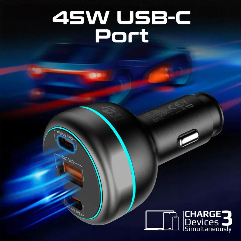 Promate PowerDrive-230 230W RapidCharge Car Charger – Dual USB-C PD & USB-A QC3.0, 12-24 V Input