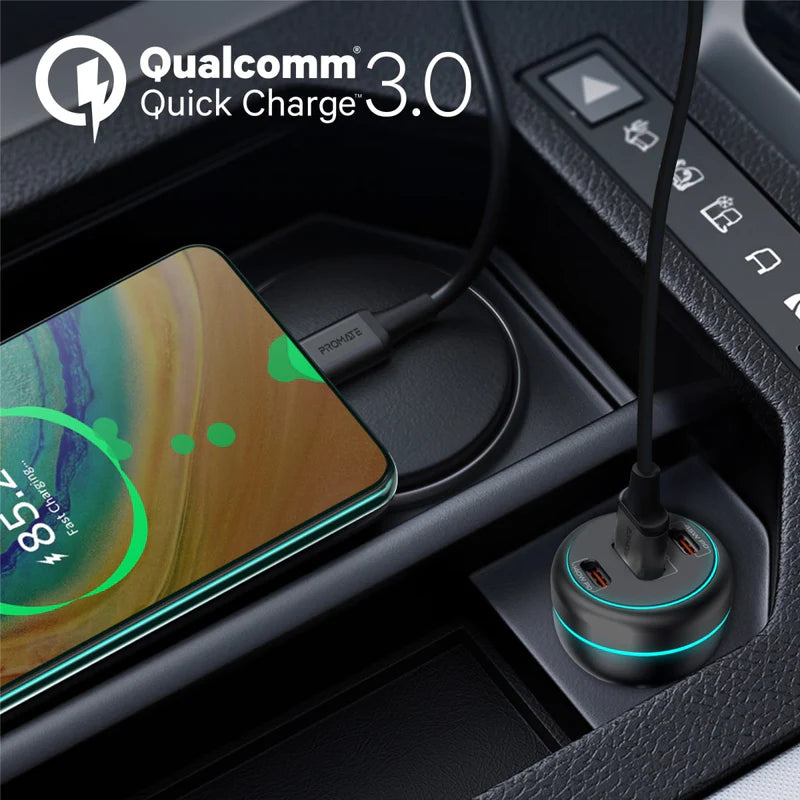 Promate PowerDrive-230 230W RapidCharge Car Charger – Dual USB-C PD & USB-A QC3.0, 12-24 V Input