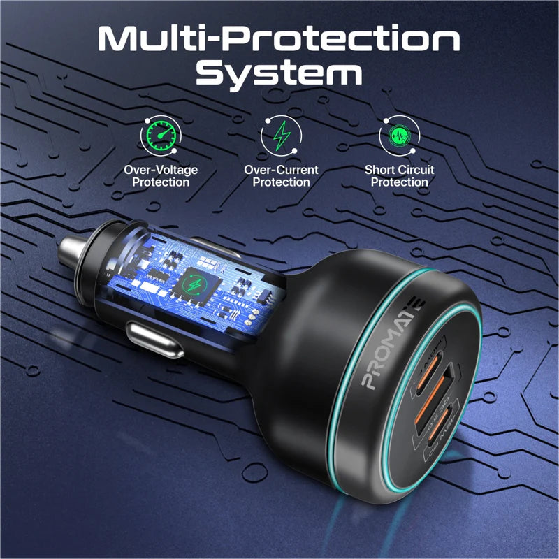 Promate PowerDrive-230 230W RapidCharge Car Charger – Dual USB-C PD & USB-A QC3.0, 12-24 V Input