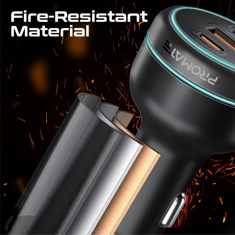 Promate PowerDrive-230 230W RapidCharge Car Charger – Dual USB-C PD & USB-A QC3.0, 12-24 V Input