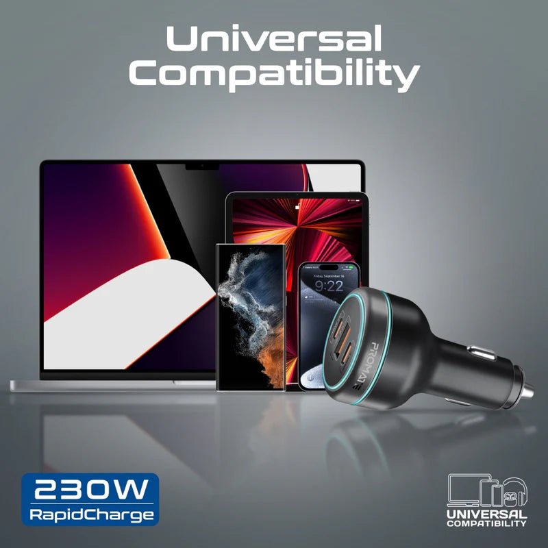 Promate PowerDrive-230 230W RapidCharge Car Charger – Dual USB-C PD & USB-A QC3.0, 12-24 V Input