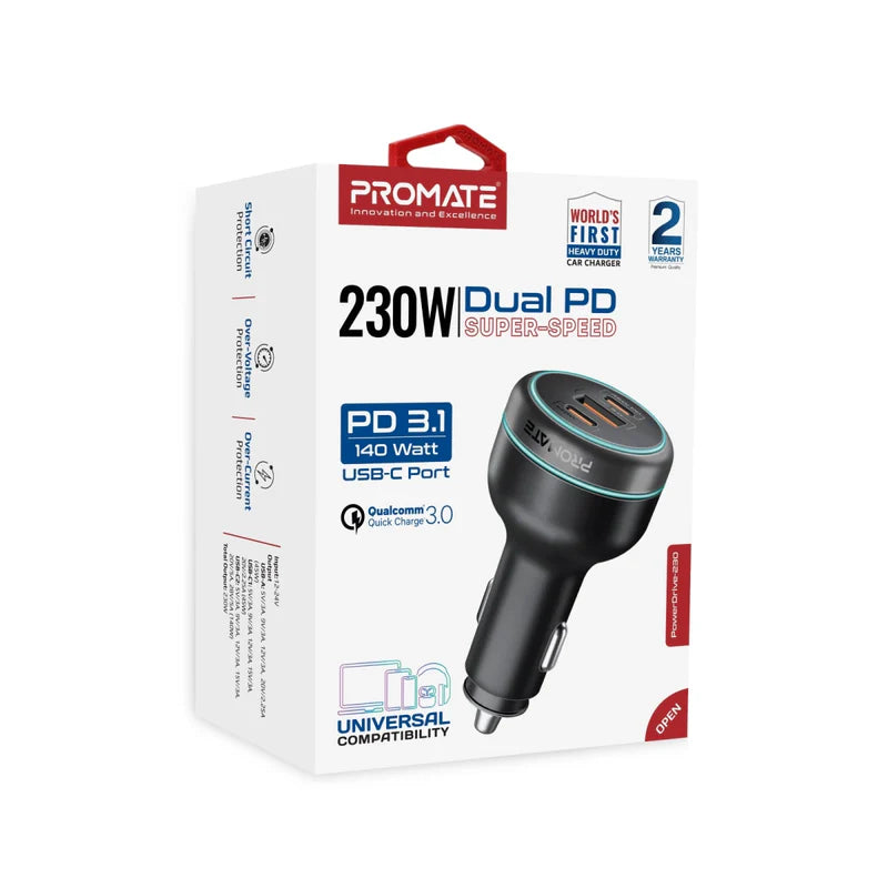 Promate PowerDrive-230 230W RapidCharge Car Charger – Dual USB-C PD & USB-A QC3.0, 12-24 V Input
