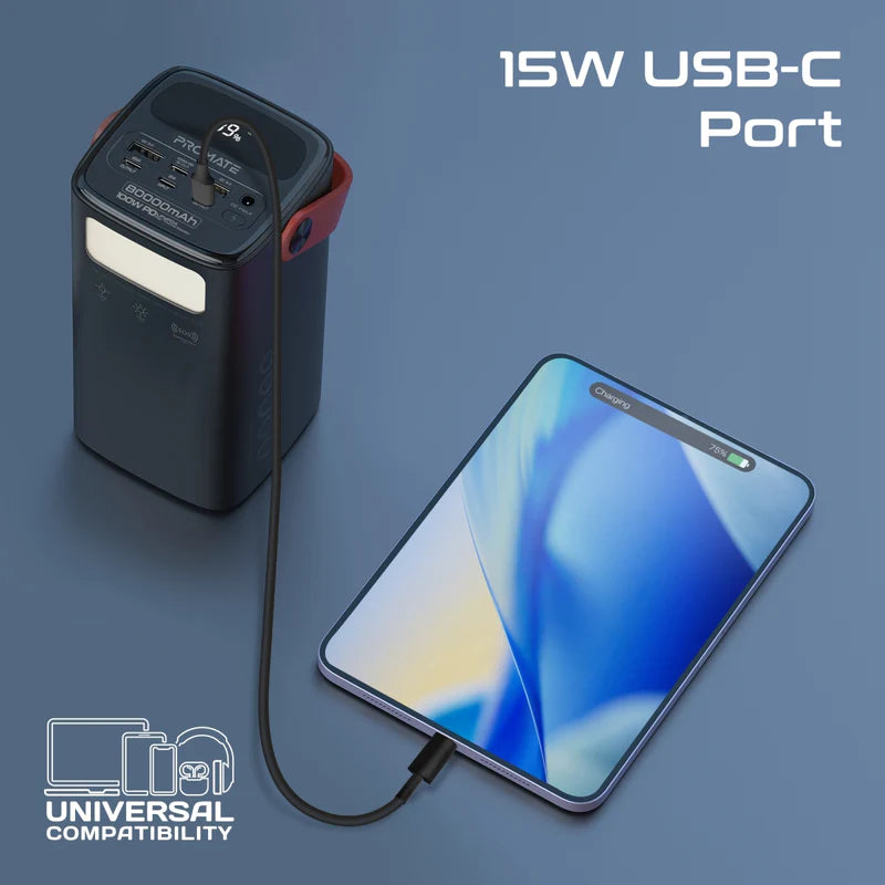 Promate PowerMine-80 80,000 mAh 65W Power Bank Station – PD 3.0, QC 3.0, 4-Way Recharge, LED Torch, Rugged Design