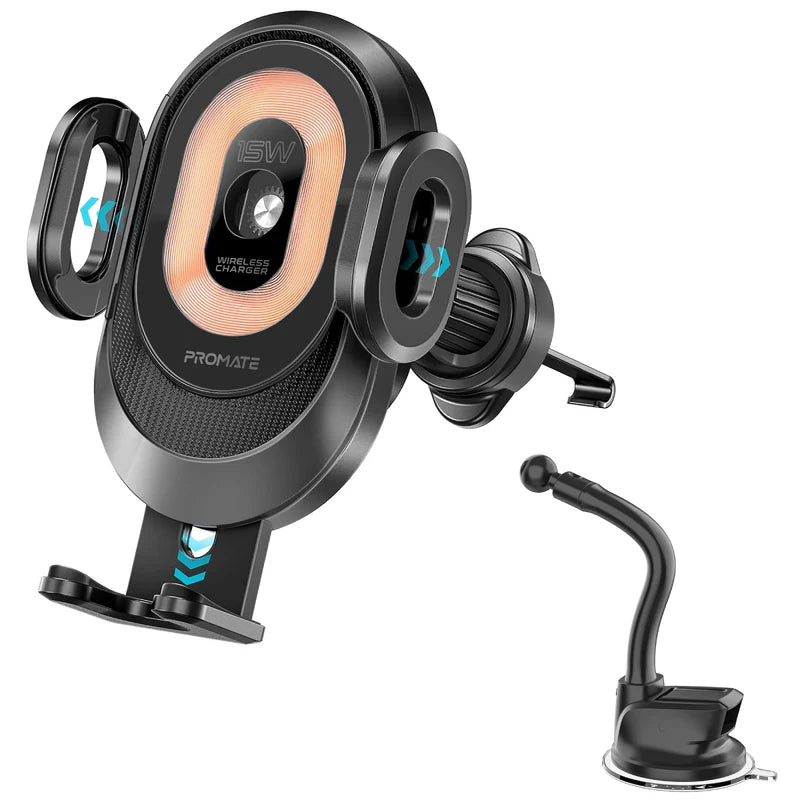 Promate PowerMount-2 15W Auto Clamping Car Wireless Charger – Transparent Design, Qi-Certified, Case-Friendly, Includes Air Vent & Gooseneck Mounts