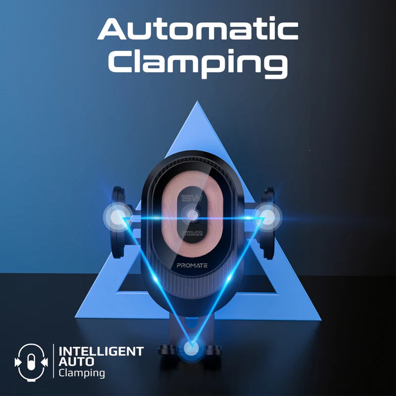 Promate PowerMount-2 15W Auto Clamping Car Wireless Charger – Transparent Design, Qi-Certified, Case-Friendly, Includes Air Vent & Gooseneck Mounts