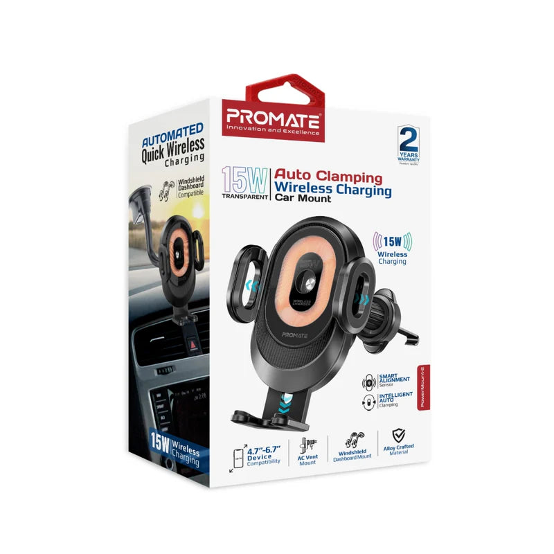 Promate PowerMount-2 15W Auto Clamping Car Wireless Charger – Transparent Design, Qi-Certified, Case-Friendly, Includes Air Vent & Gooseneck Mounts