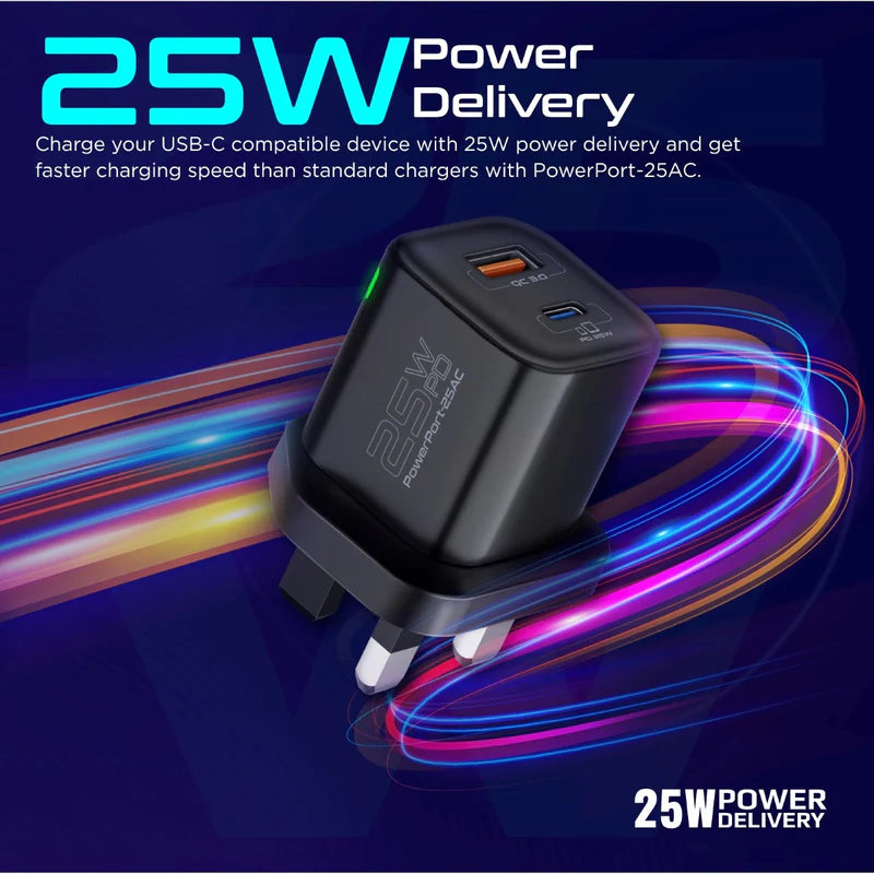 Promate  PowerPort-25AC Ultra-Fast Dual Port AC Charger with 25W Power Delivery and QC 3.0