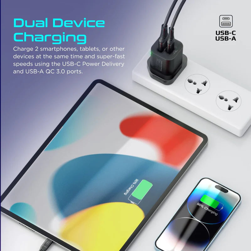 شاحن بروميت PowerPort-25AC فائق السرعة ثنائي المنفذ مع توصيل طاقة بقوة 25 واط وQC 3.0