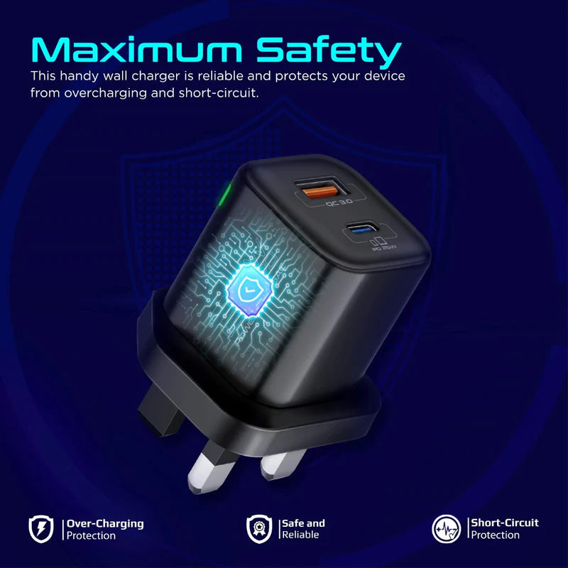 شاحن بروميت PowerPort-25AC فائق السرعة ثنائي المنفذ مع توصيل طاقة بقوة 25 واط وQC 3.0