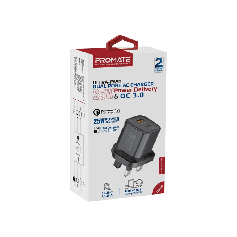 شاحن بروميت PowerPort-25AC فائق السرعة ثنائي المنفذ مع توصيل طاقة بقوة 25 واط وQC 3.0