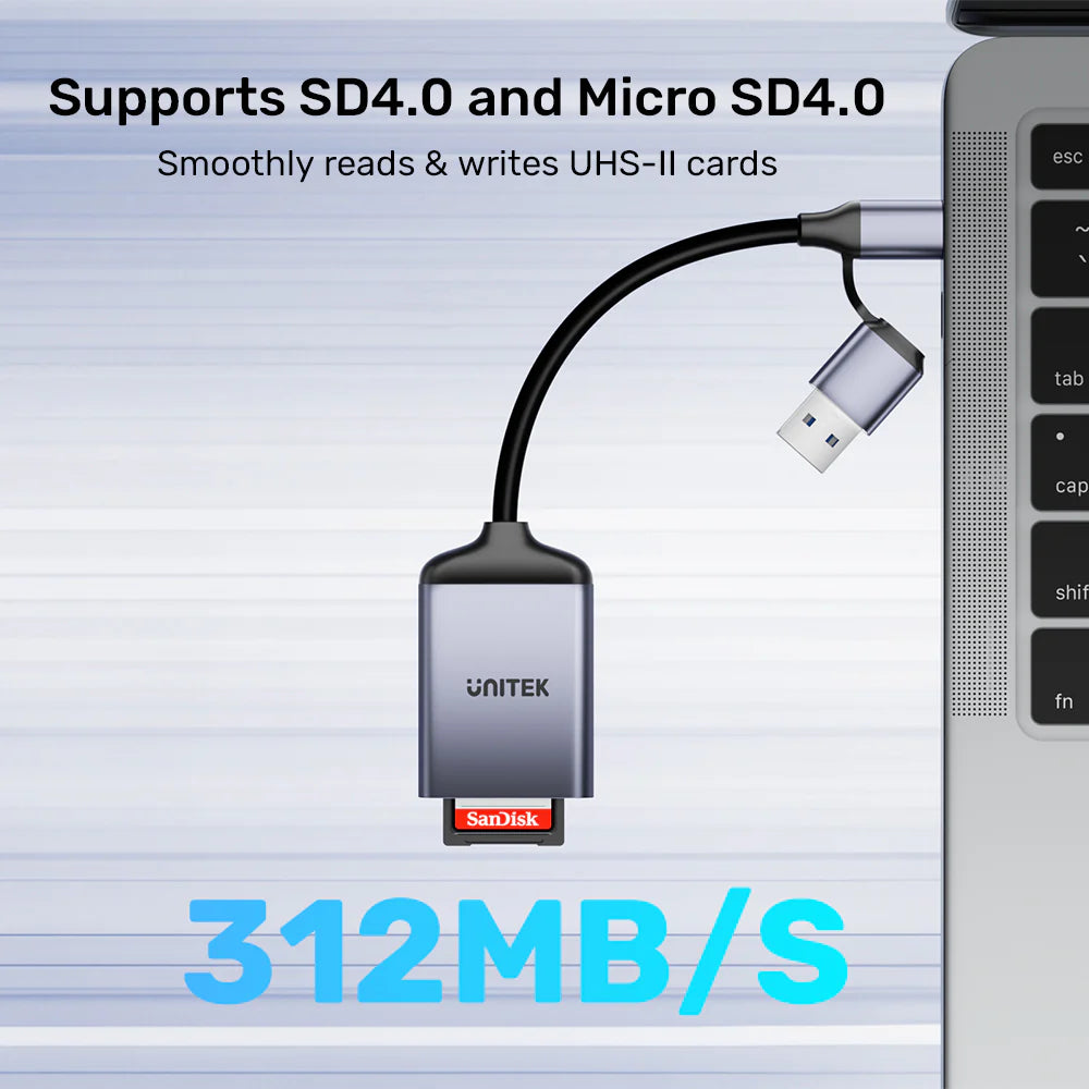 Unitek 2-in-1 USB-C/A SD4.0 Card Reader – UHS-II 312MB/s - Dual SD & MicroSD Slots - Plug & Play - Aluminum Alloy - Compatible with USB-C & USB-A Devices