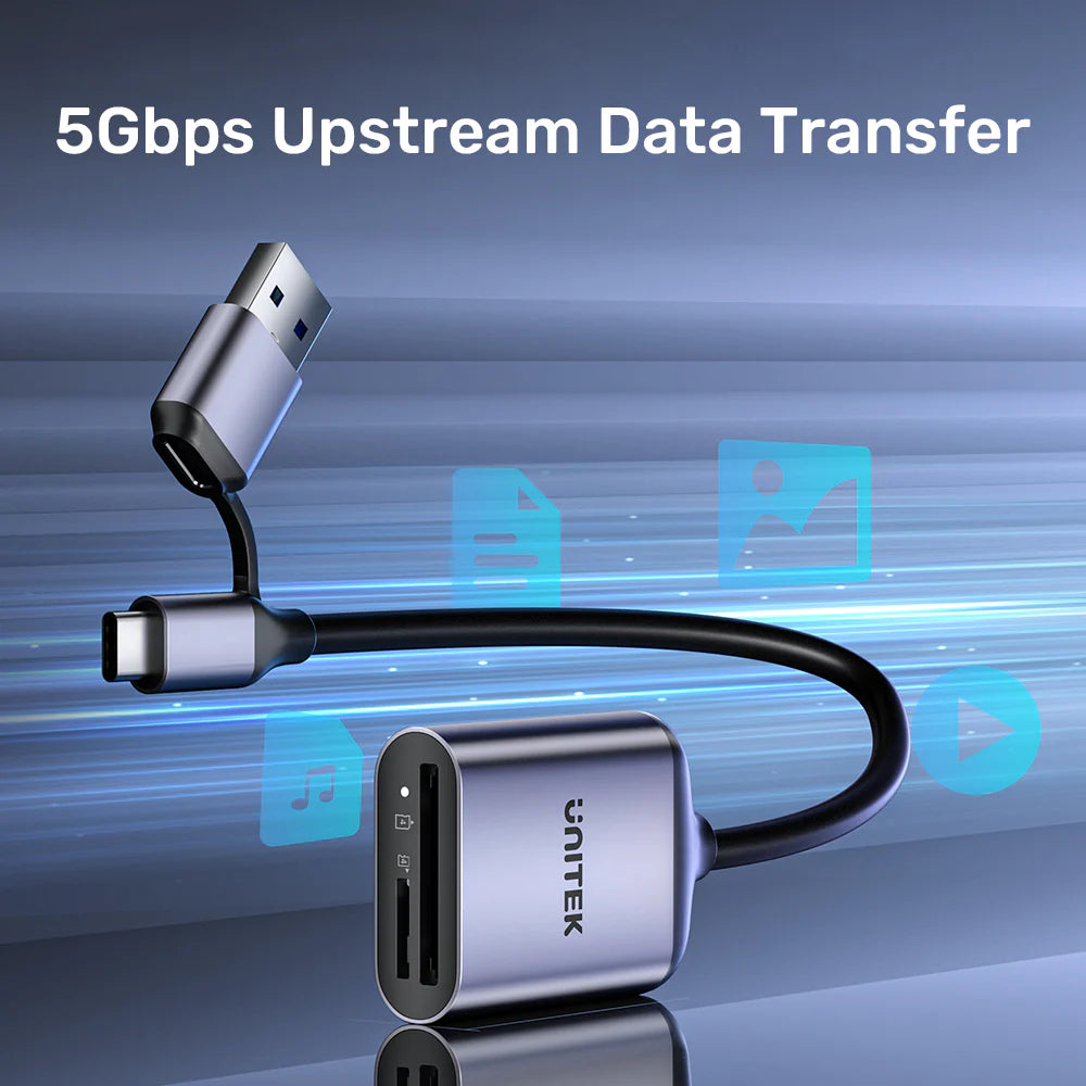 Unitek 2-in-1 USB-C/A SD4.0 Card Reader – UHS-II 312MB/s - Dual SD & MicroSD Slots - Plug & Play - Aluminum Alloy - Compatible with USB-C & USB-A Devices