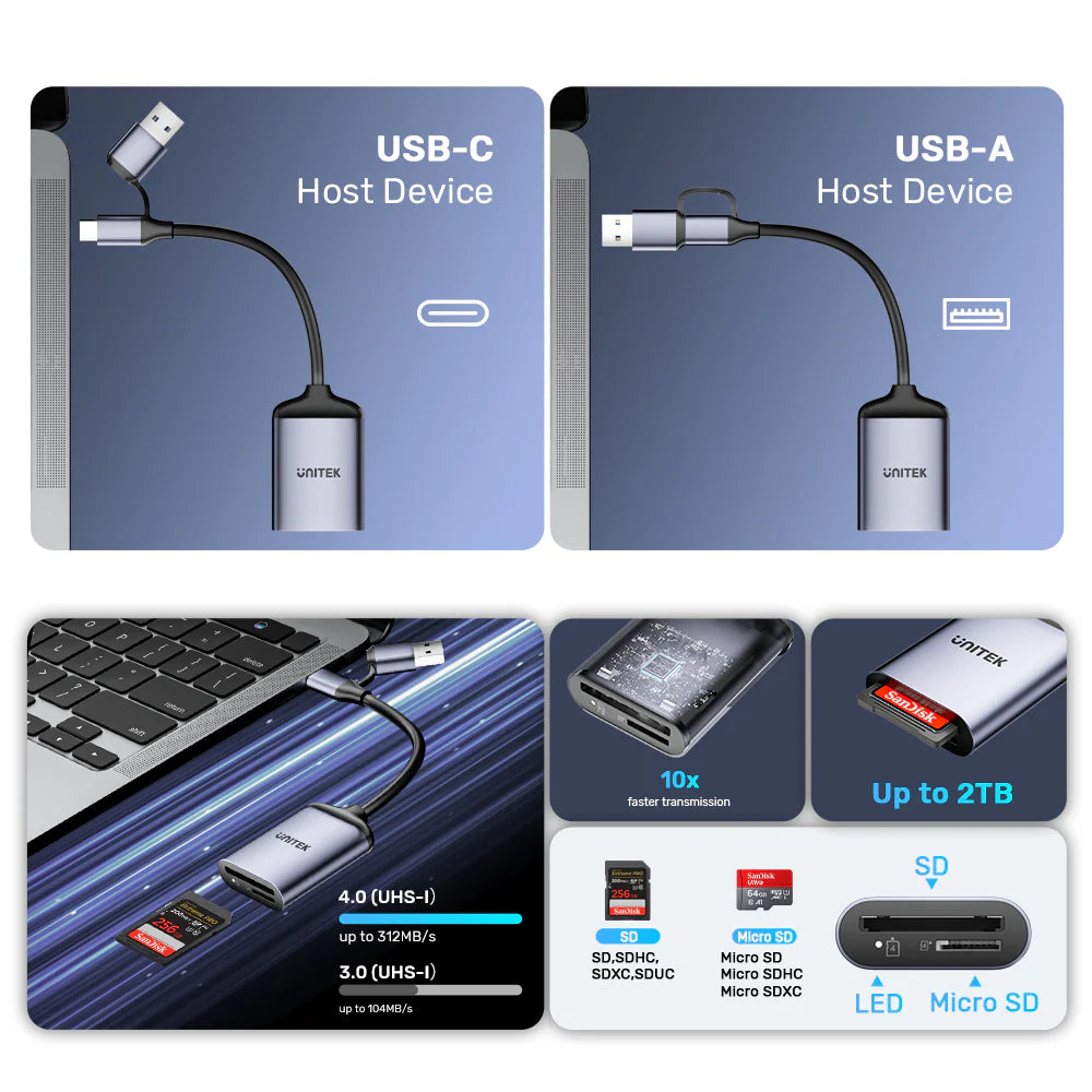 Unitek 2-in-1 USB-C/A SD4.0 Card Reader – UHS-II 312MB/s - Dual SD & MicroSD Slots - Plug & Play - Aluminum Alloy - Compatible with USB-C & USB-A Devices