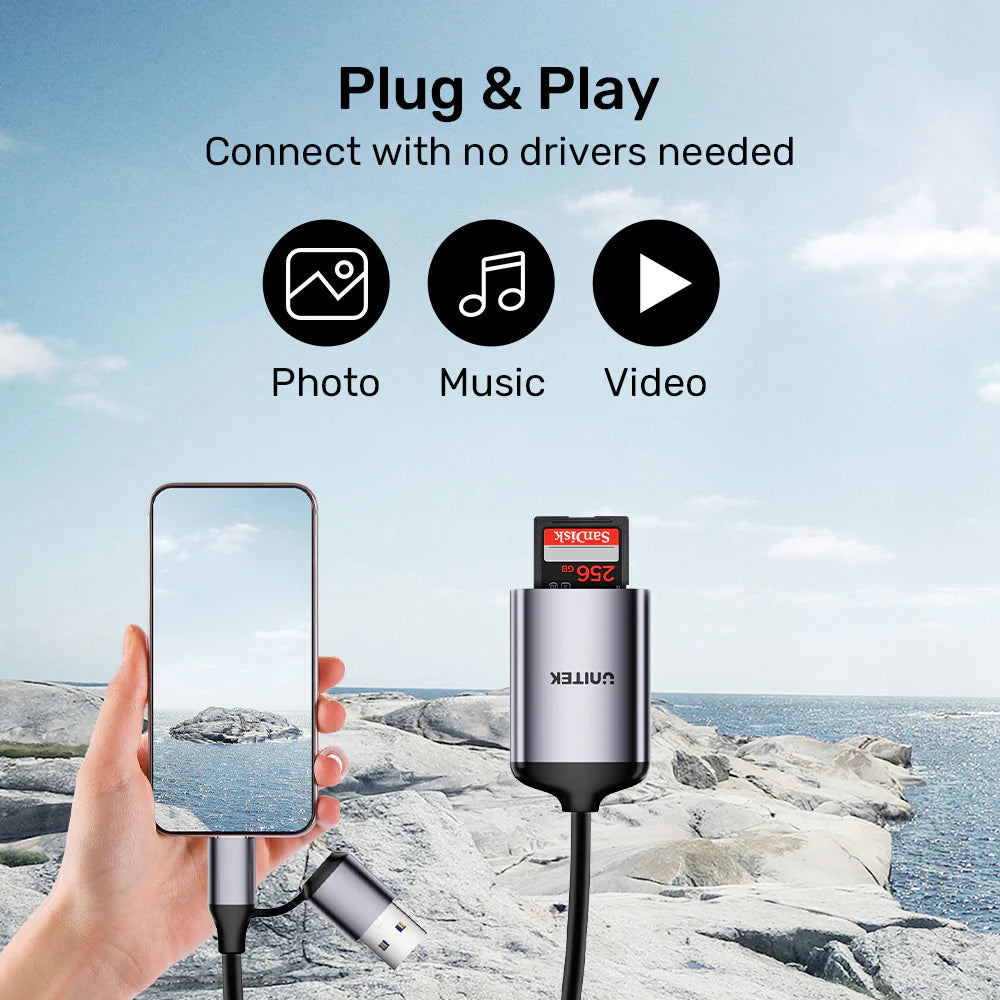 Unitek 2-in-1 USB-C/A SD4.0 Card Reader – UHS-II 312MB/s - Dual SD & MicroSD Slots - Plug & Play - Aluminum Alloy - Compatible with USB-C & USB-A Devices