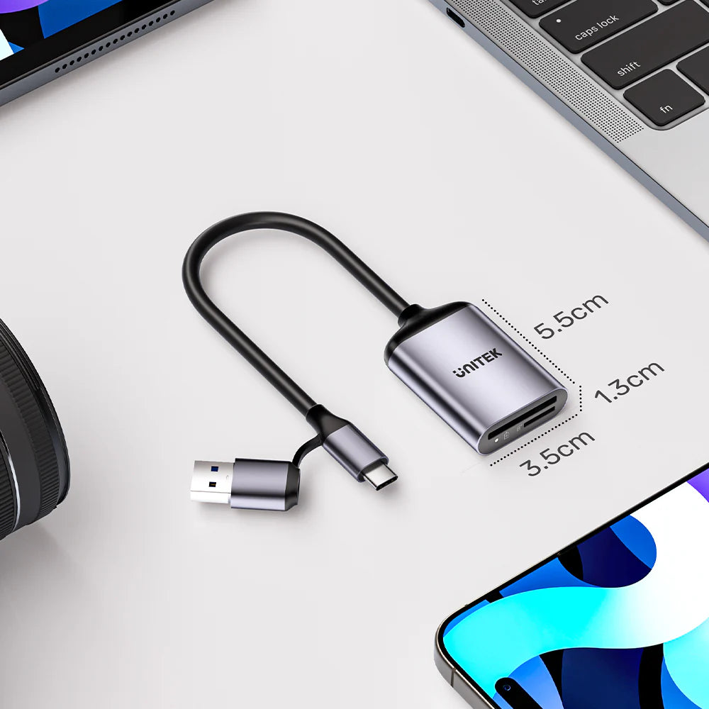 Unitek 2-in-1 USB-C/A SD4.0 Card Reader – UHS-II 312MB/s - Dual SD & MicroSD Slots - Plug & Play - Aluminum Alloy - Compatible with USB-C & USB-A Devices