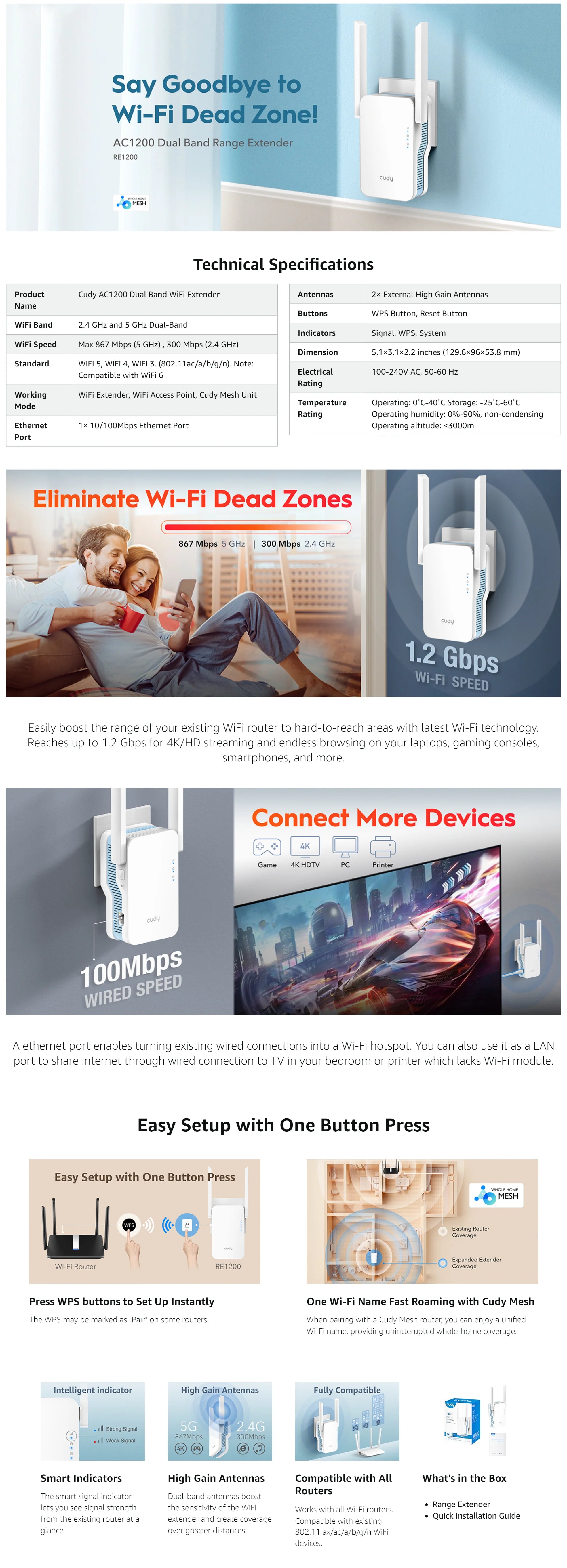 Cudy RE1200 1.0 AC1200 Mesh Wi‑Fi Extender (867+300 Mbps), 30‑Device Support, Ethernet & Mesh Satellite