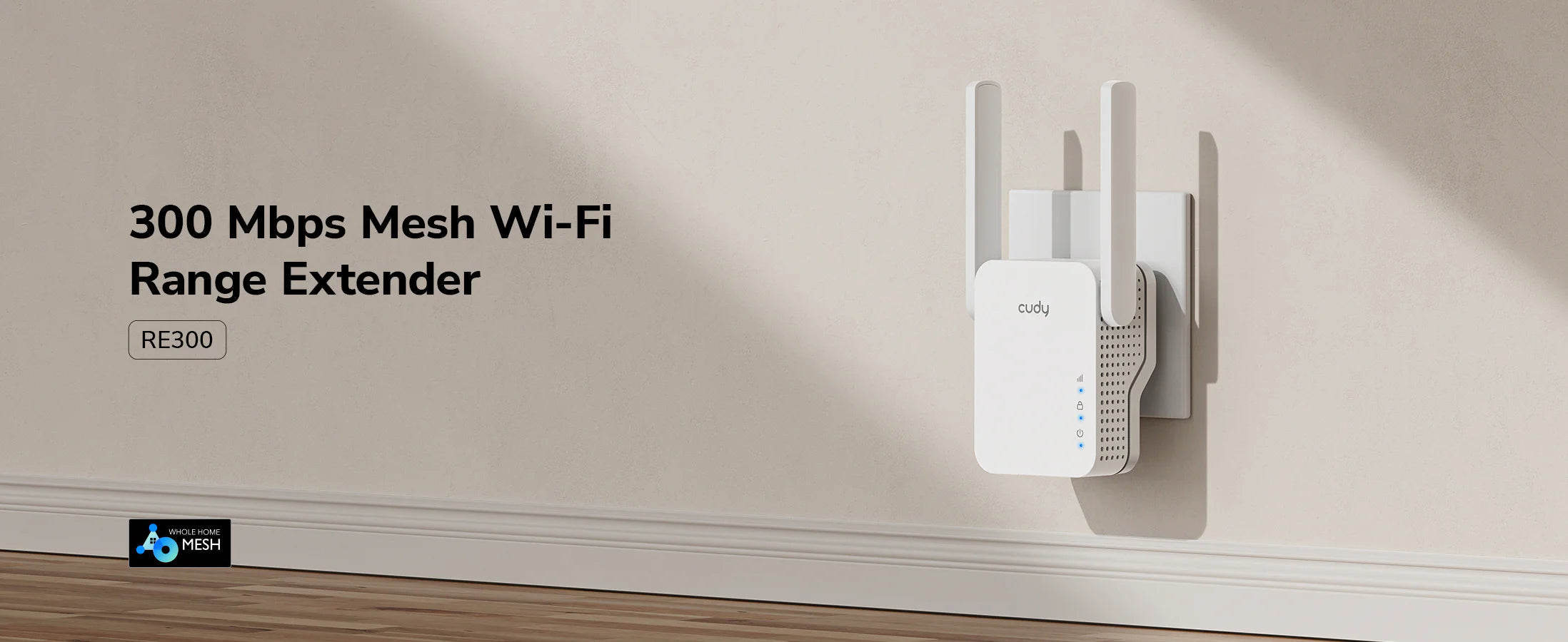 Cudy RE300 N300 Wi-Fi Range Extender, 300Mbps Wireless Repeater, 2×2 MIMO, 2 Fixed Antennas, Fast Ethernet LAN Port, WPS Button, Plug-in Design