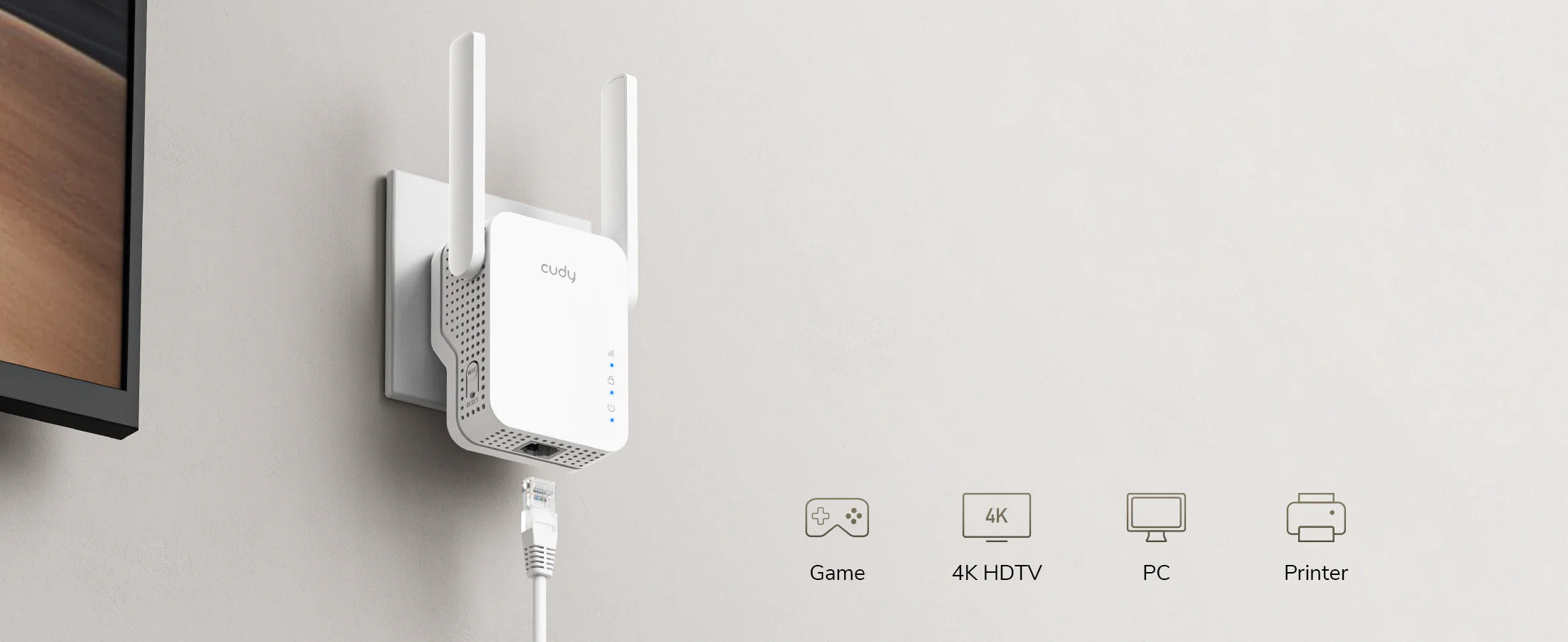 Cudy RE300 N300 Wi-Fi Range Extender, 300Mbps Wireless Repeater, 2×2 MIMO, 2 Fixed Antennas, Fast Ethernet LAN Port, WPS Button, Plug-in Design