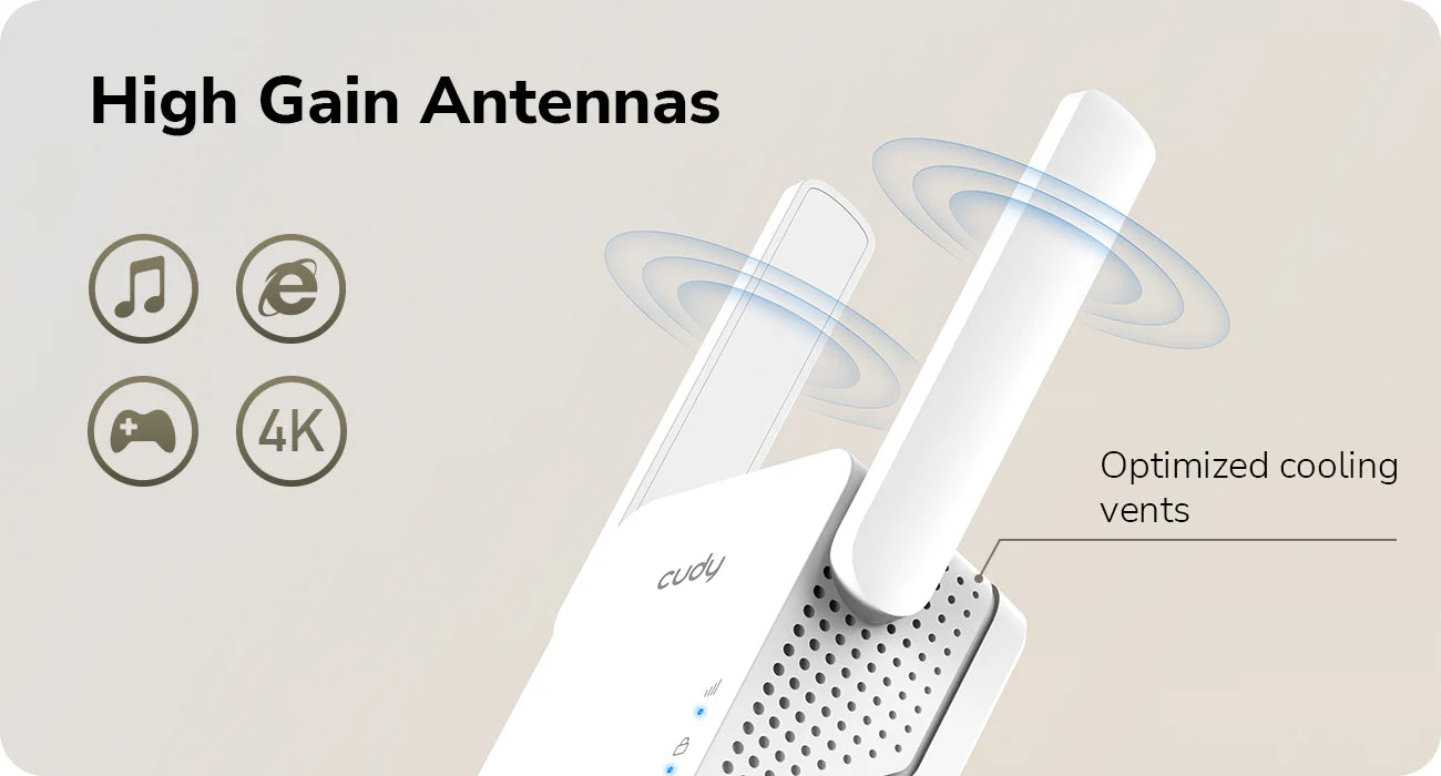 Cudy RE300 N300 Wi-Fi Range Extender, 300Mbps Wireless Repeater, 2×2 MIMO, 2 Fixed Antennas, Fast Ethernet LAN Port, WPS Button, Plug-in Design