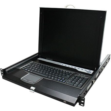 درج كونسول Rextron HKNE-10 بشاشة LCD مقاس 19 بوصة، كونسول KVM للتركيب على رف 1U مع لوحة مفاتيح ولوحة لمس وإضاءة خلفية LED