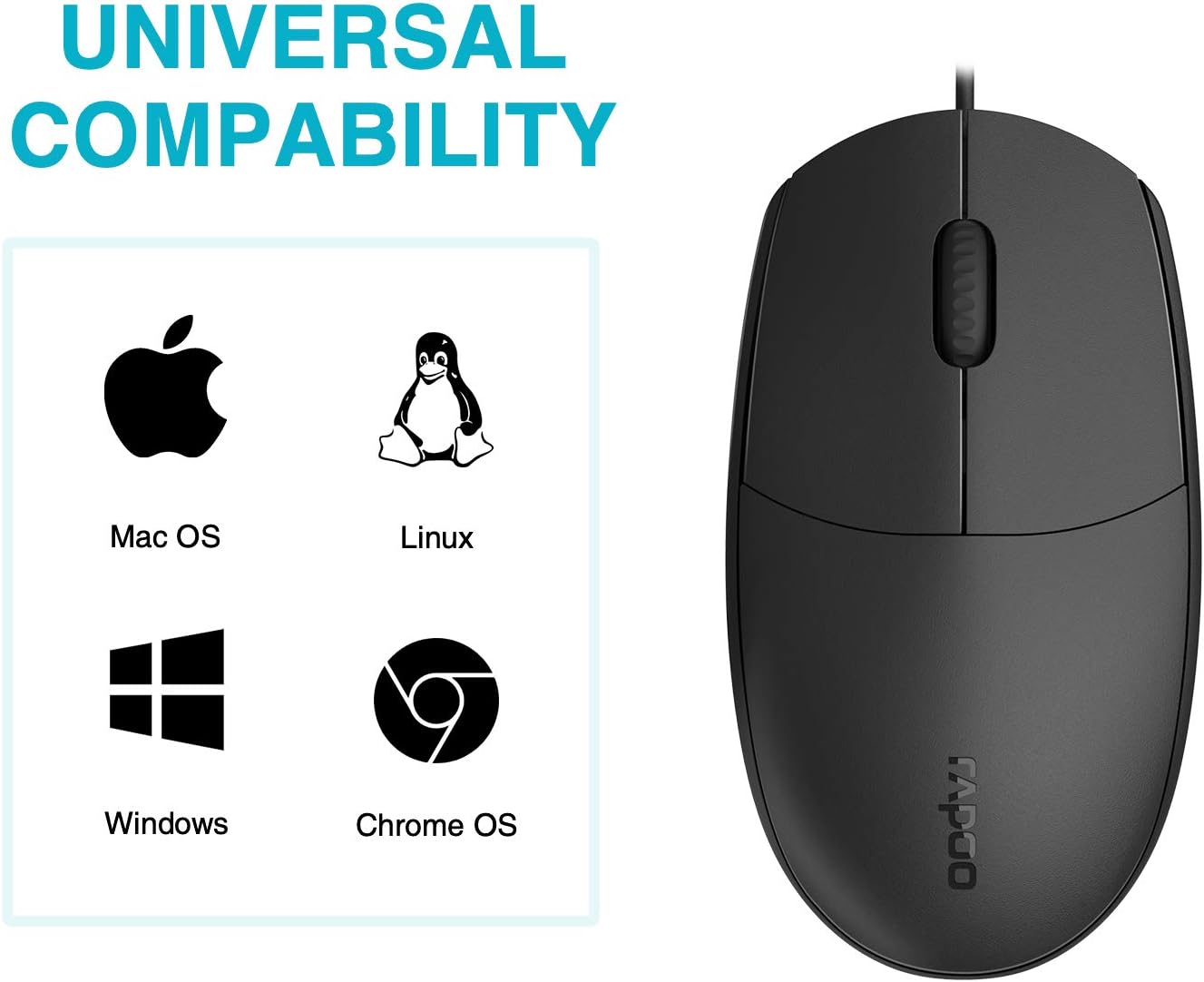 Rapoo N100 Wired Mouse, Black 3-Button USB Wired Computer Mouse for Mac PC