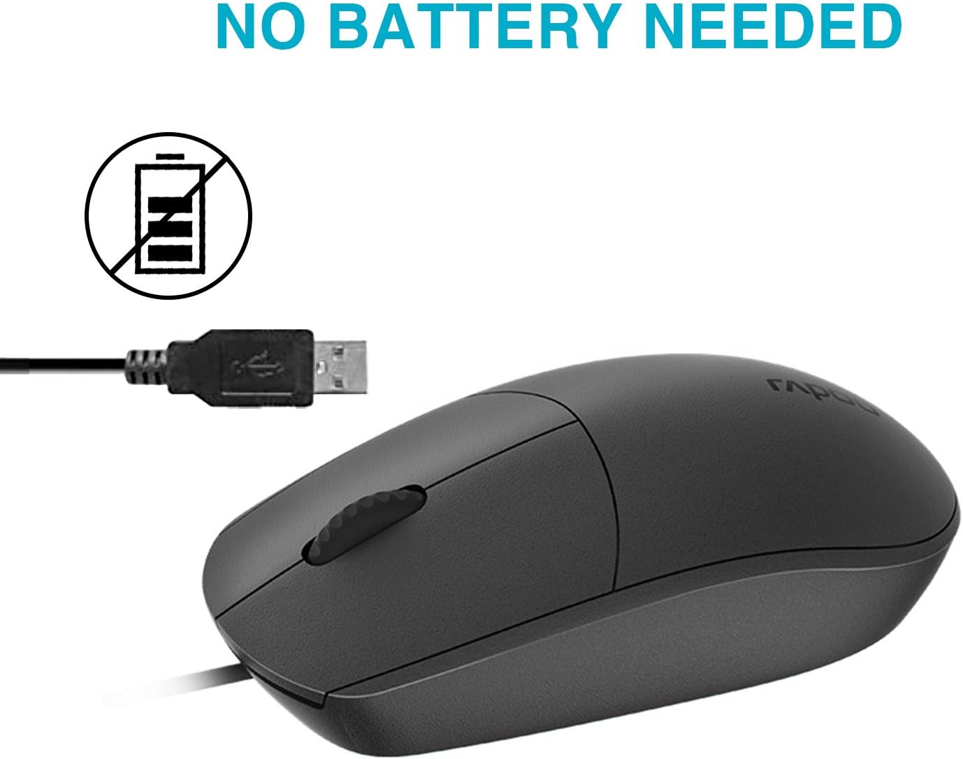 Rapoo N100 Wired Mouse, Black 3-Button USB Wired Computer Mouse for Mac PC